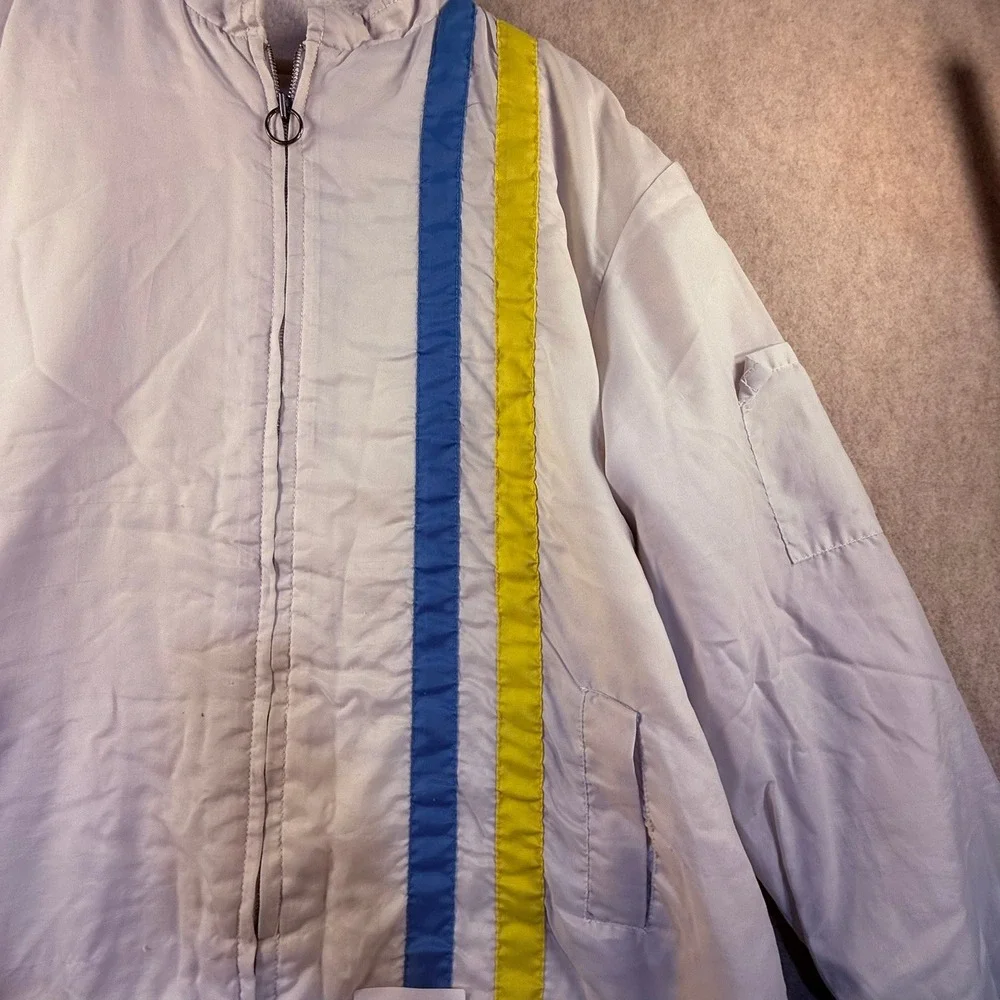 70's VTG White Bomber Jacket Racing Stripes USA Flag Sherpa Lined Full Zip T1957